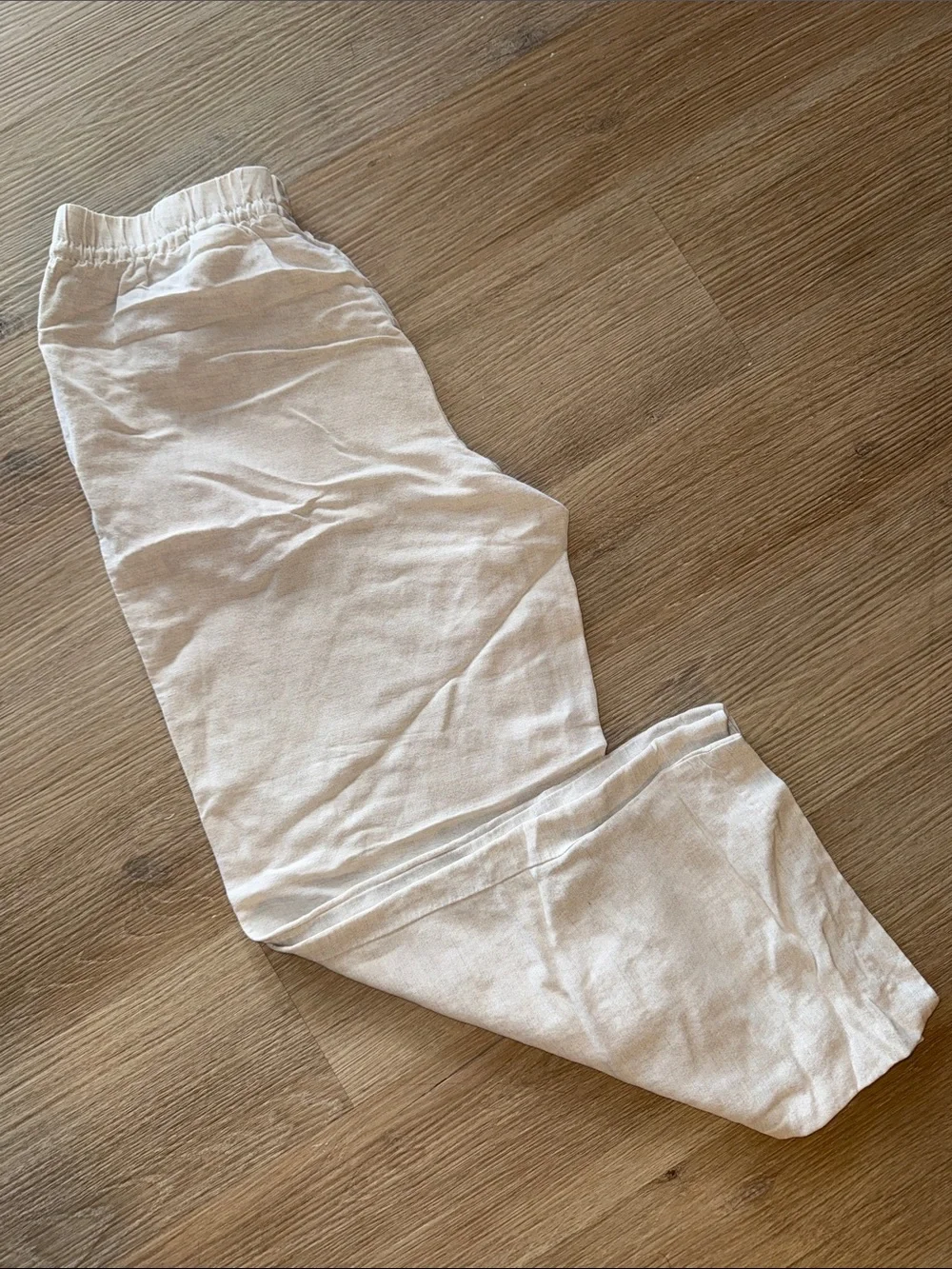 H&M Light Cream Linen Blend Drawstring Flowy Wide Leg Long Pants